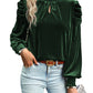 Blackish Green Mock Neck Puff Sleeve Velvet Blouse