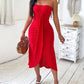 Eyelet Embroidery Bandeau Ruched Slit Casual Dress