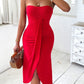 Eyelet Embroidery Bandeau Ruched Slit Casual Dress