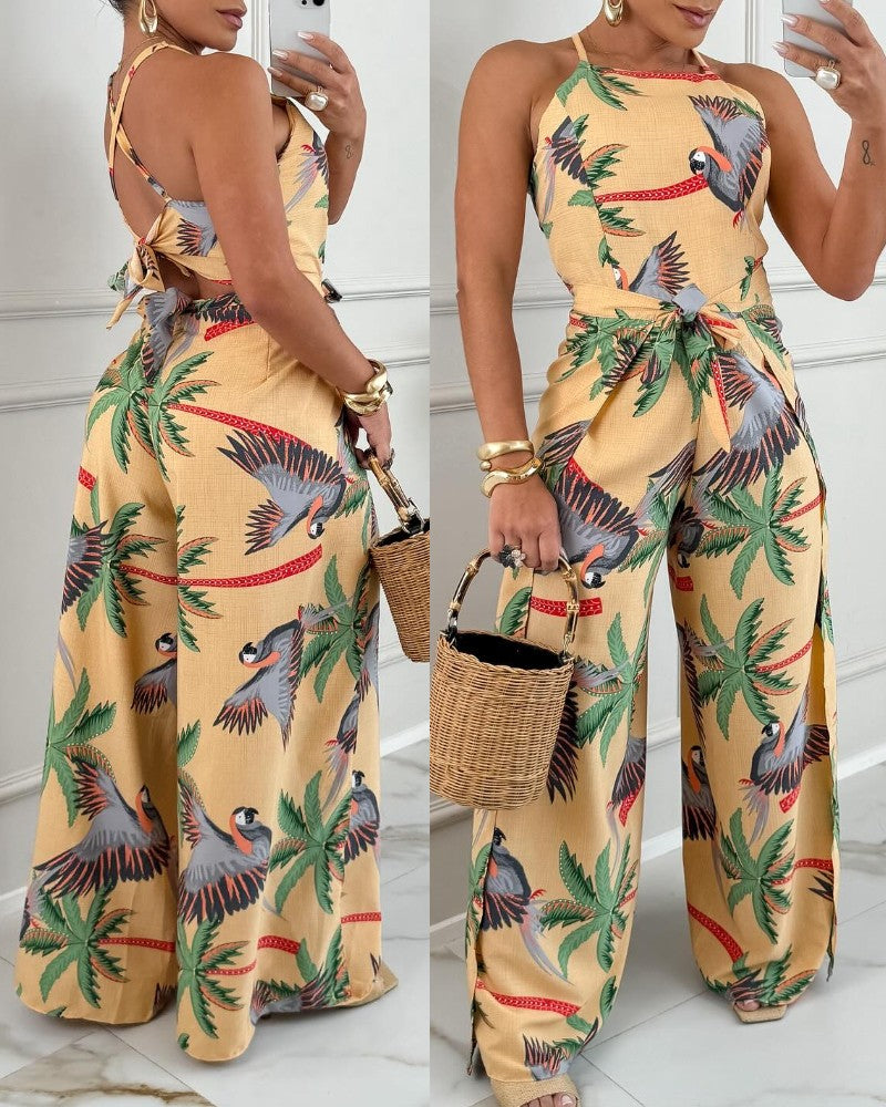 Tribal Print Halter Criss Cross Faux Two Piece Jumpsuit Casual Ruched Tied Detail Wide Leg Romper