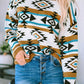 Brown Aztec Striped Knit Ribbed Trim Sweater