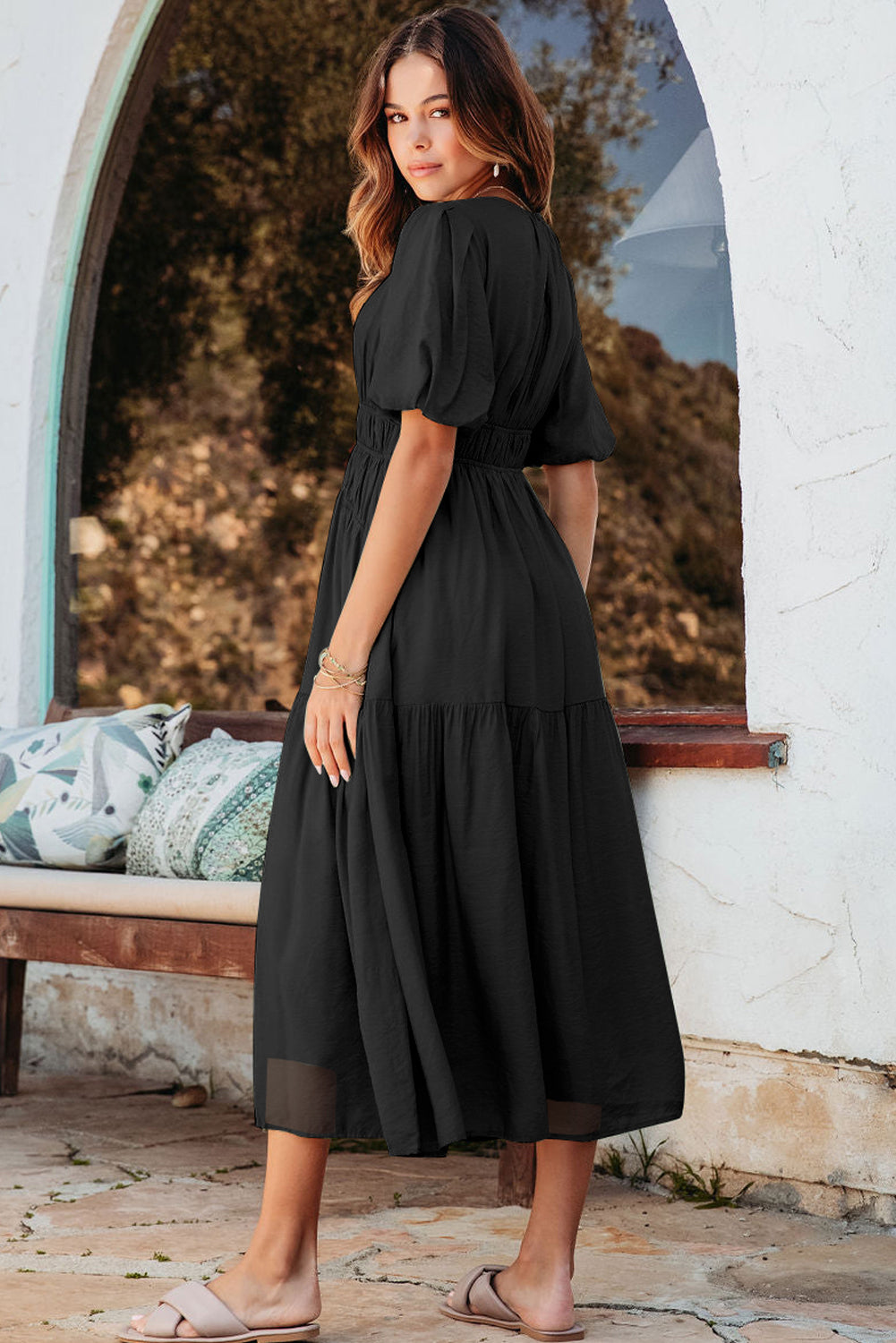 Black Puff Sleeve Pleated High Waist Flowy Long Dress