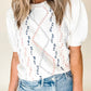 White Multicolor Stitch Detail Cable Knit Short Sleeve Sweater