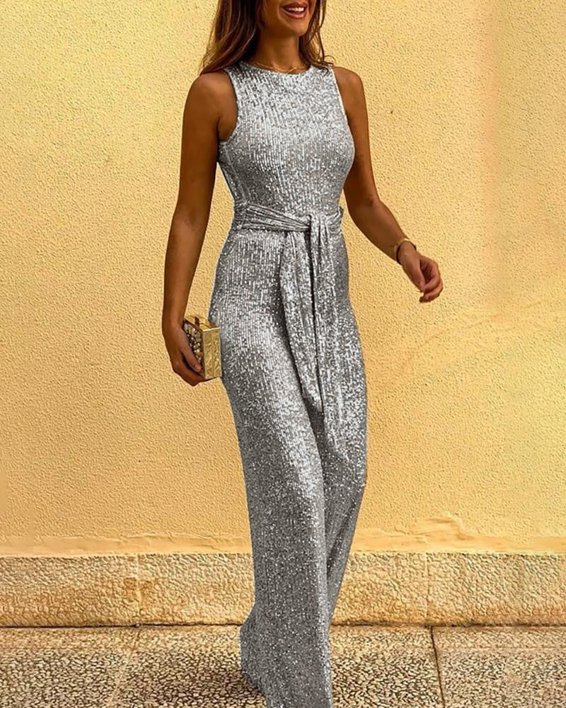 Glitter Round Neck Sleeveless Backless Sequins Jumpsuit