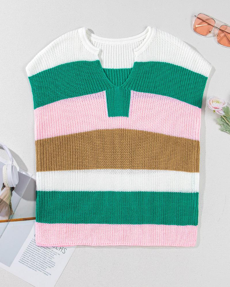 Colorblock V Neck Short Sleeve Sweater