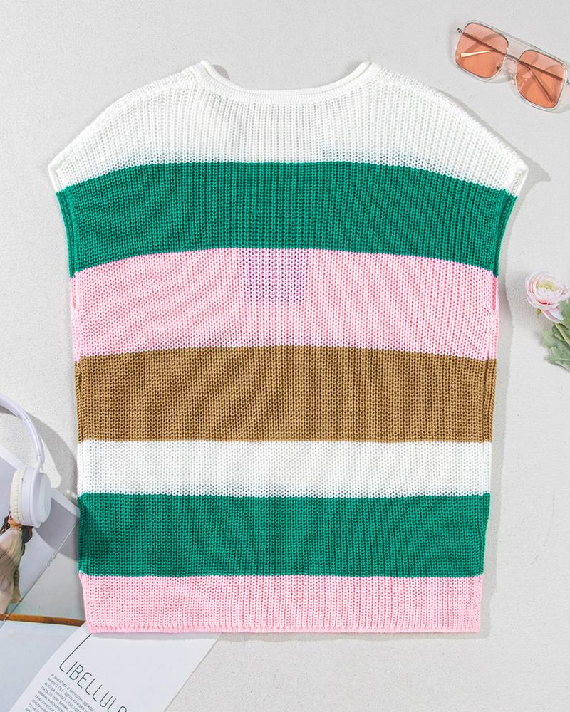 Colorblock V Neck Short Sleeve Sweater