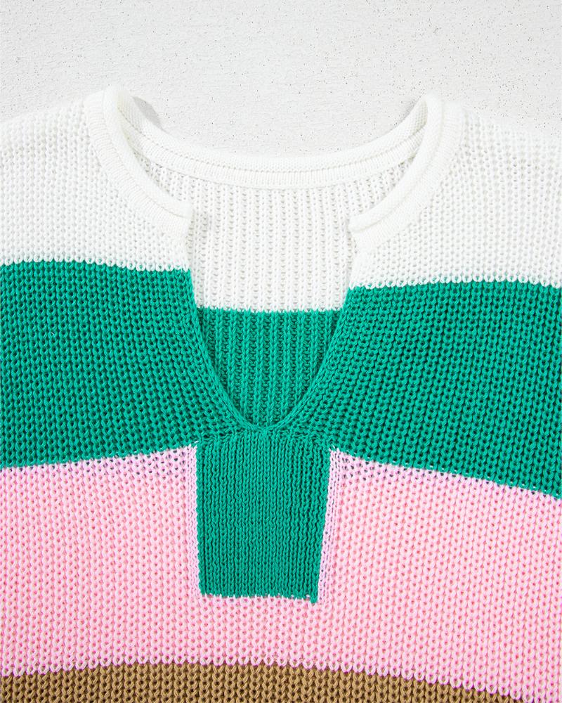 Colorblock V Neck Short Sleeve Sweater