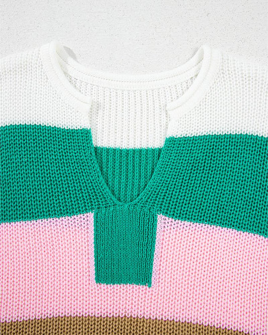 Colorblock V Neck Short Sleeve Sweater