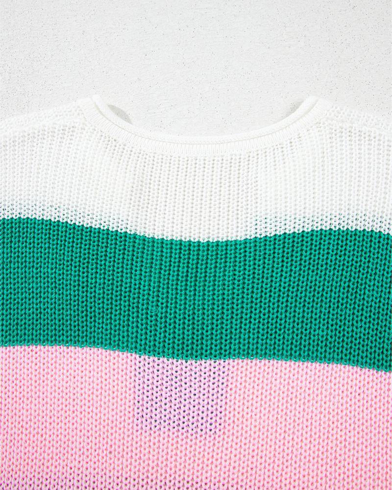 Colorblock V Neck Short Sleeve Sweater