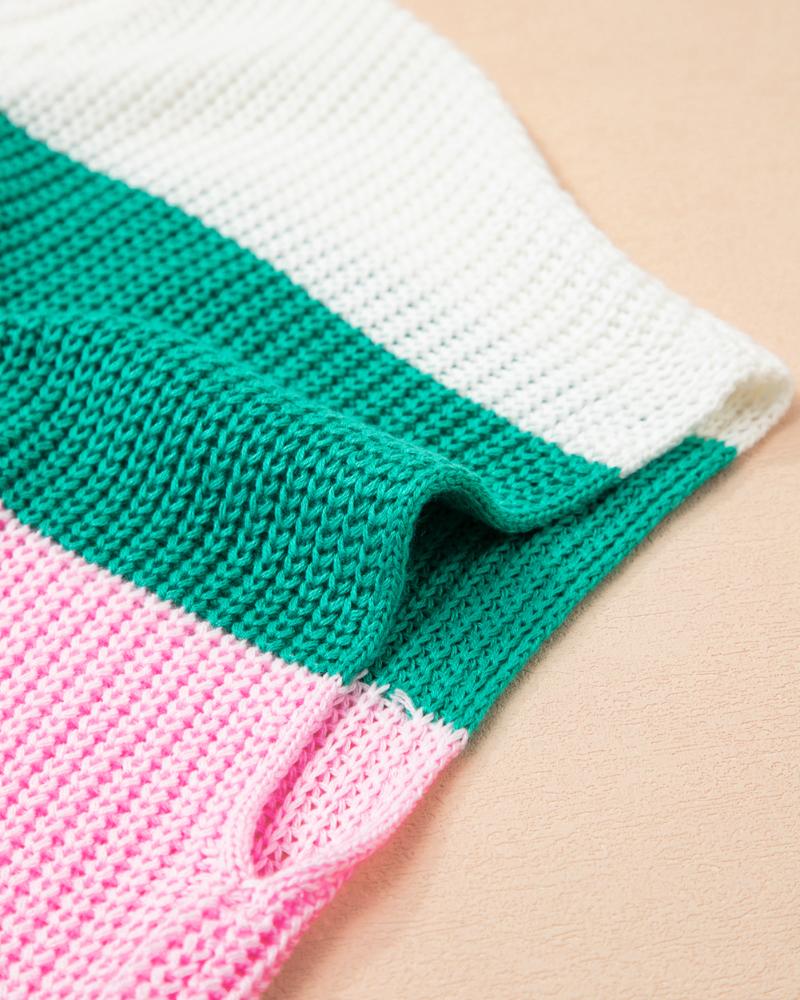 Colorblock V Neck Short Sleeve Sweater