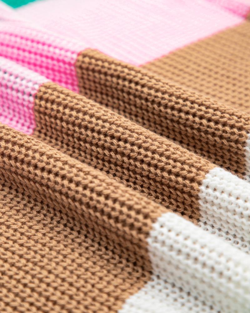 Colorblock V Neck Short Sleeve Sweater