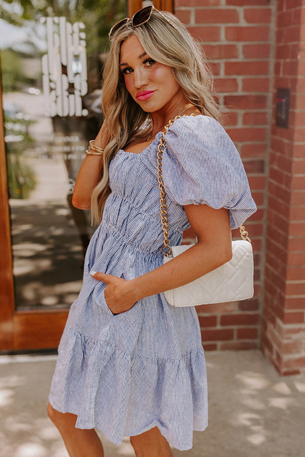 Sky Blue Stripe Bubble Sleeve Square Neck Ruched Pocketed Babydoll Dress