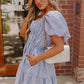 Sky Blue Stripe Bubble Sleeve Square Neck Ruched Pocketed Babydoll Dress