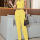 Cold Shoulder Sleeveless Hollow out Top and Casual Pants Set with Pocket