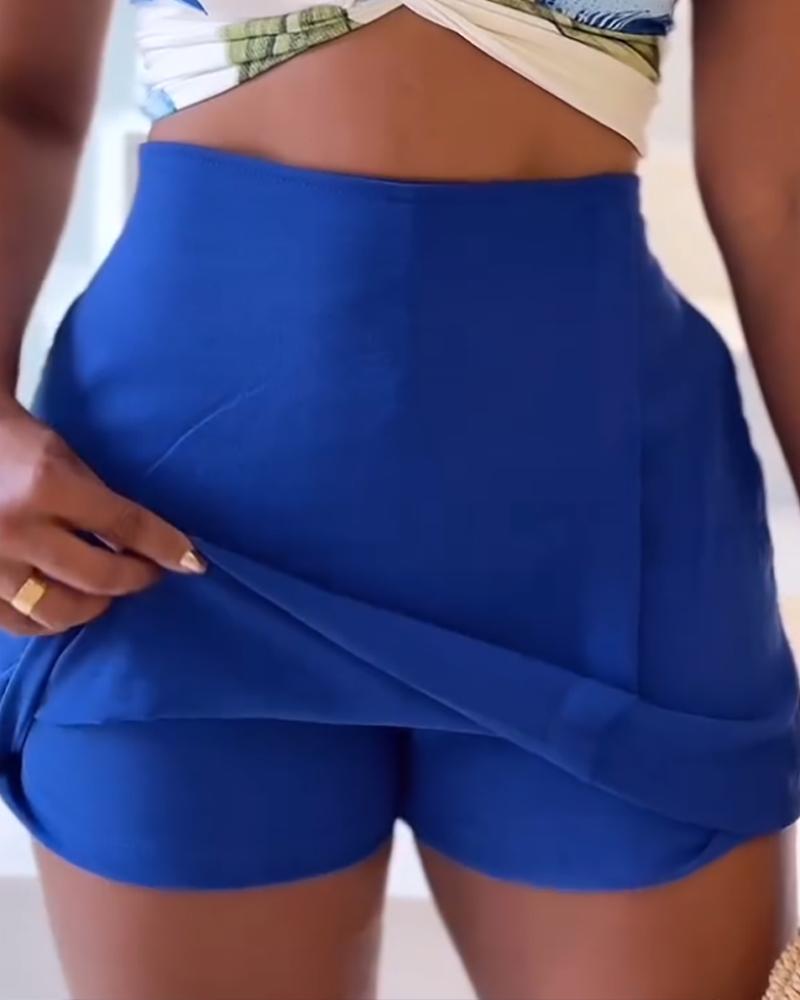 2 Pieces Outfit Floral Print Twist Tied Detail Top and Plain Slim Fit Skirt with Shorts Set