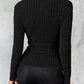 Deep V Neck Long Sleeve Ribbed Top Beaded Hollow Out Pullover Tee