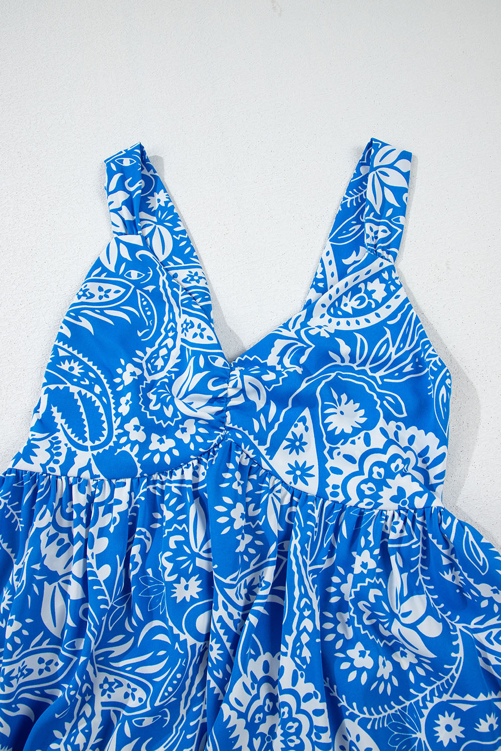 Blue Paisley V Neck Crisscross Backless Maxi Dress