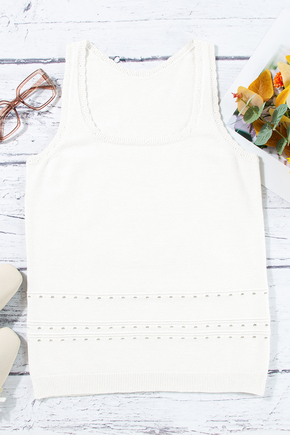 White U Neck Eyelet Accent Sweater Vest