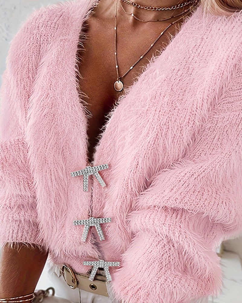 Fuzzy Bowknot Pattern Knit Cardigan