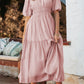 Pink Puff Sleeve Pleated High Waist Flowy Long Dress