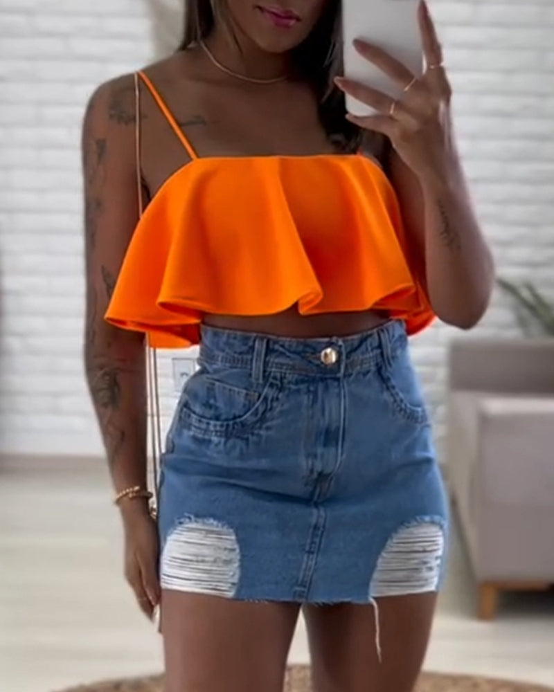 Ruffles Bandeau Spaghetti Strap Top Casual Slim Fit Crop Tank