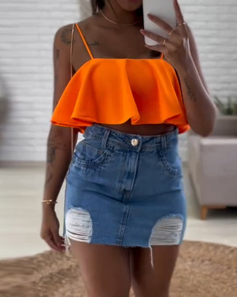 Ruffles Bandeau Spaghetti Strap Top Casual Slim Fit Crop Tank