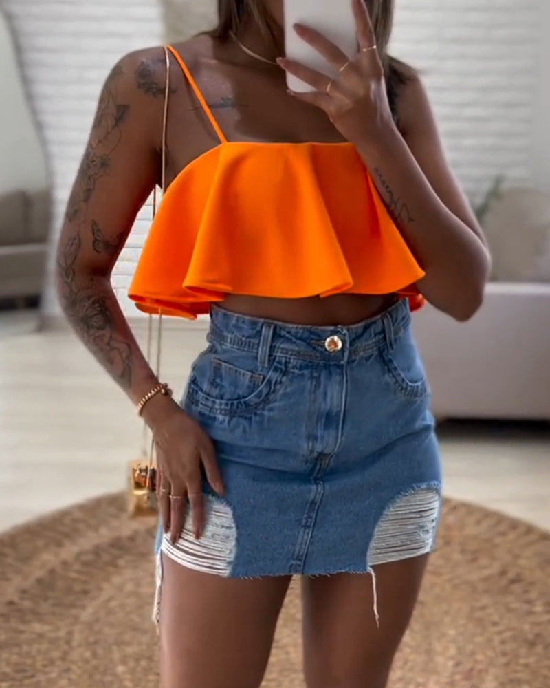 Ruffles Bandeau Spaghetti Strap Top Casual Slim Fit Crop Tank