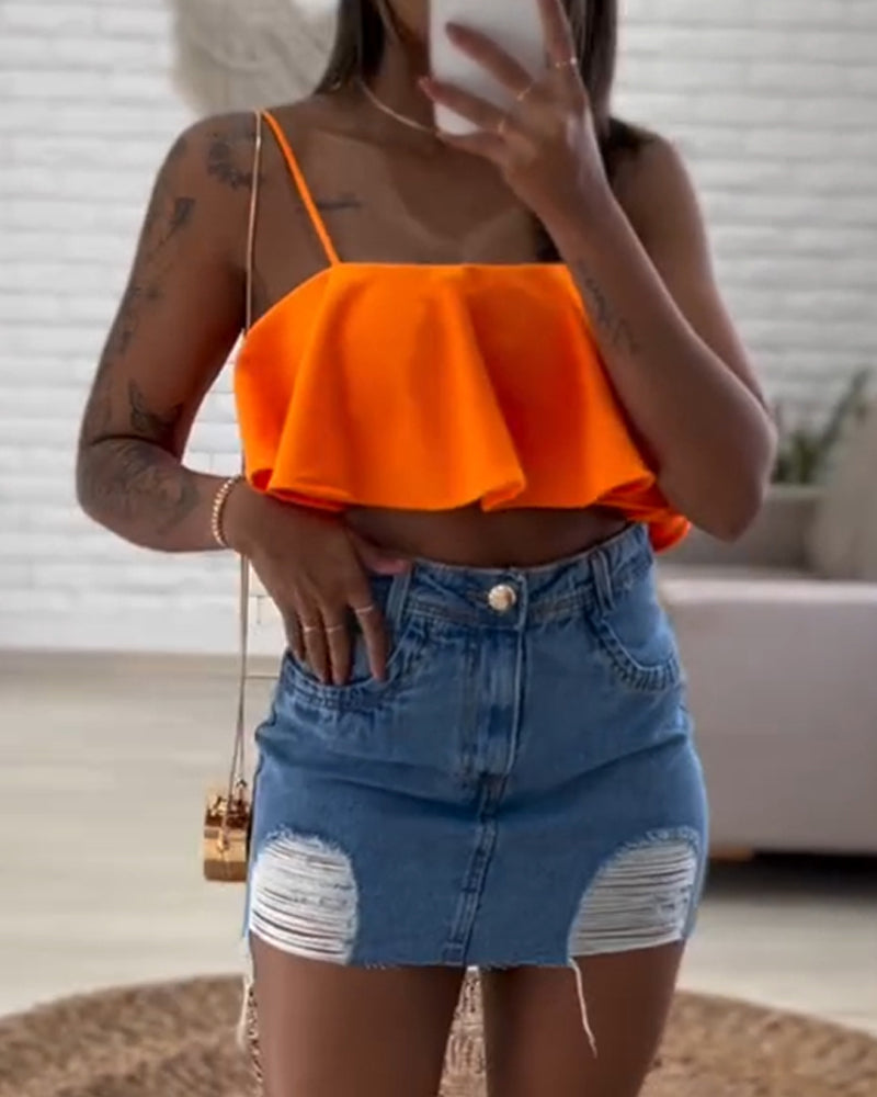 Ruffles Bandeau Spaghetti Strap Top Casual Slim Fit Crop Tank