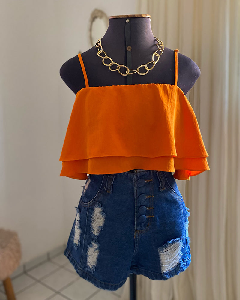 Ruffles Bandeau Spaghetti Strap Top Casual Slim Fit Crop Tank