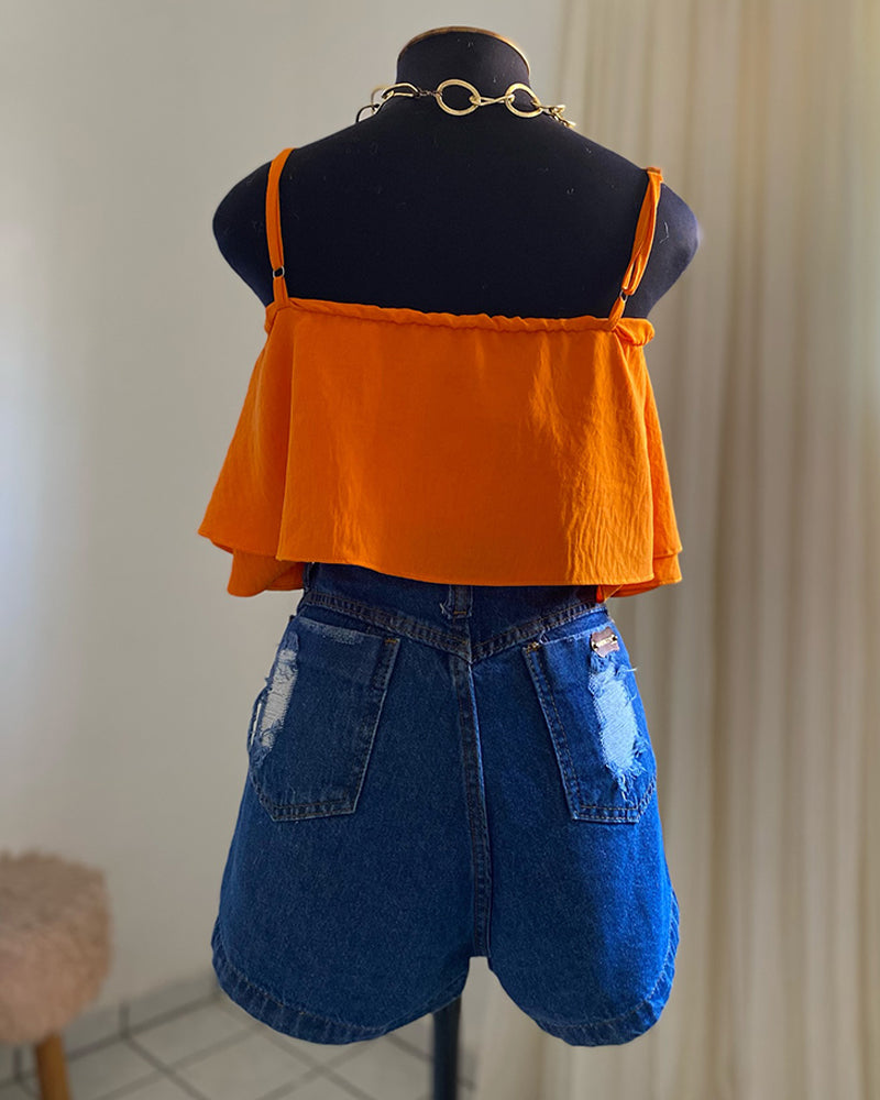 Ruffles Bandeau Spaghetti Strap Top Casual Slim Fit Crop Tank