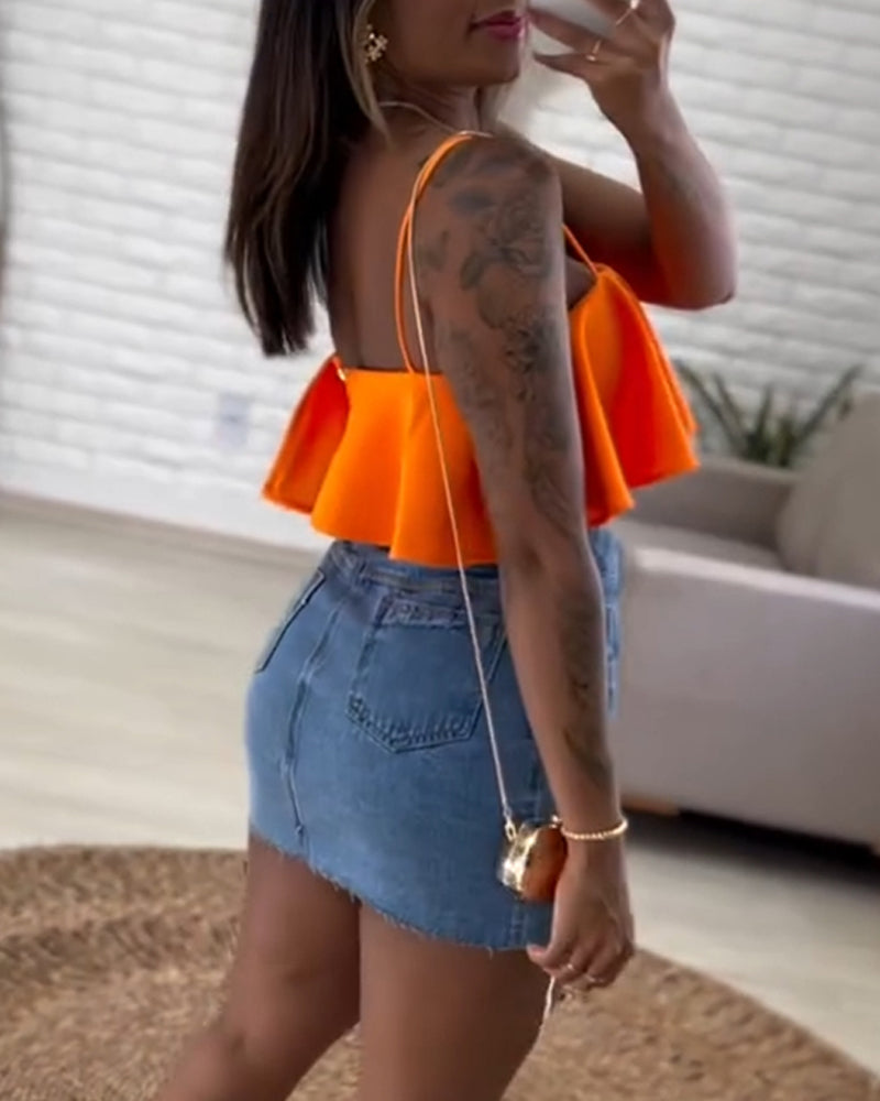 Ruffles Bandeau Spaghetti Strap Top Casual Slim Fit Crop Tank