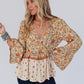Yellow Printed Floral Bell Sleeve V Neck Wrapped Contrast Peplum Blouse