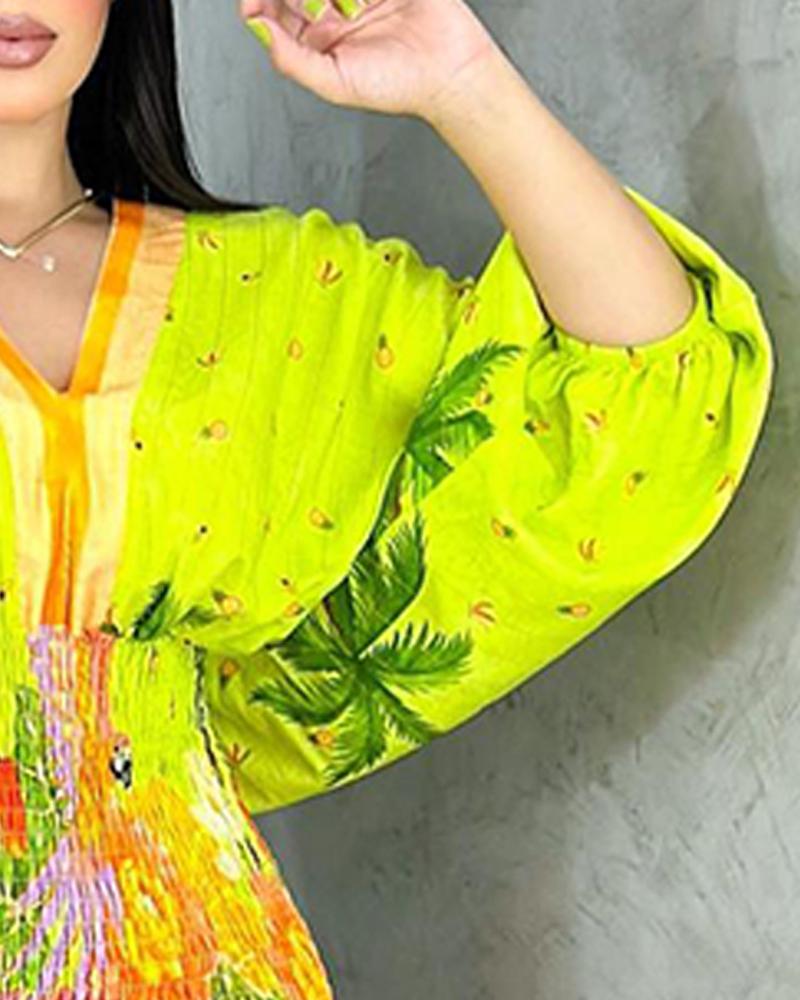 Tropical Print Striped Shirred Lantern Sleeve Dress