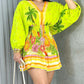 Tropical Print Striped Shirred Lantern Sleeve Dress