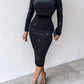 Rhinestone Embellished Long Sleeve Evening Party Midi Dress