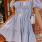 Sky Blue Stripe Bubble Sleeve Square Neck Ruched Pocketed Babydoll Dress