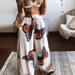Butterfly Print Twisted Crop Top & Wide Leg Pants Set