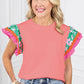 Peach Blossom Contrast Ricrac Floral Sleeve Top