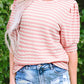 Pink Stripe Textured Puff Sleeve Crewneck Top