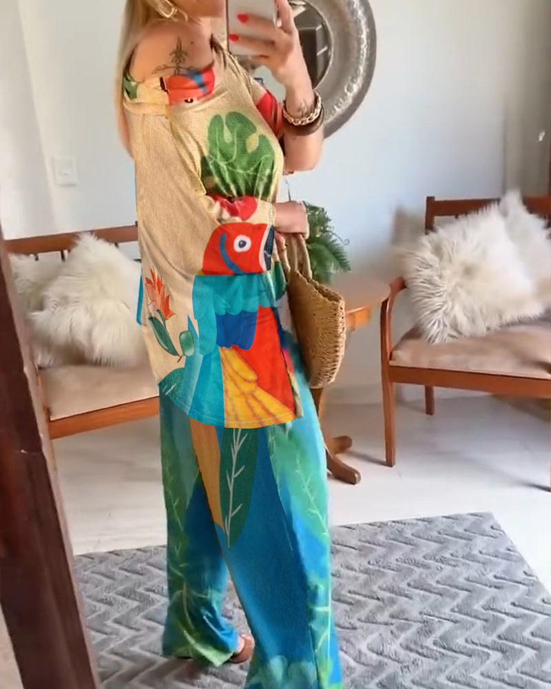 2 Pieces Outfit Tribal Print Cold Shoulder Batwing Sleeve Top and Casual Wide Leg Pants Set