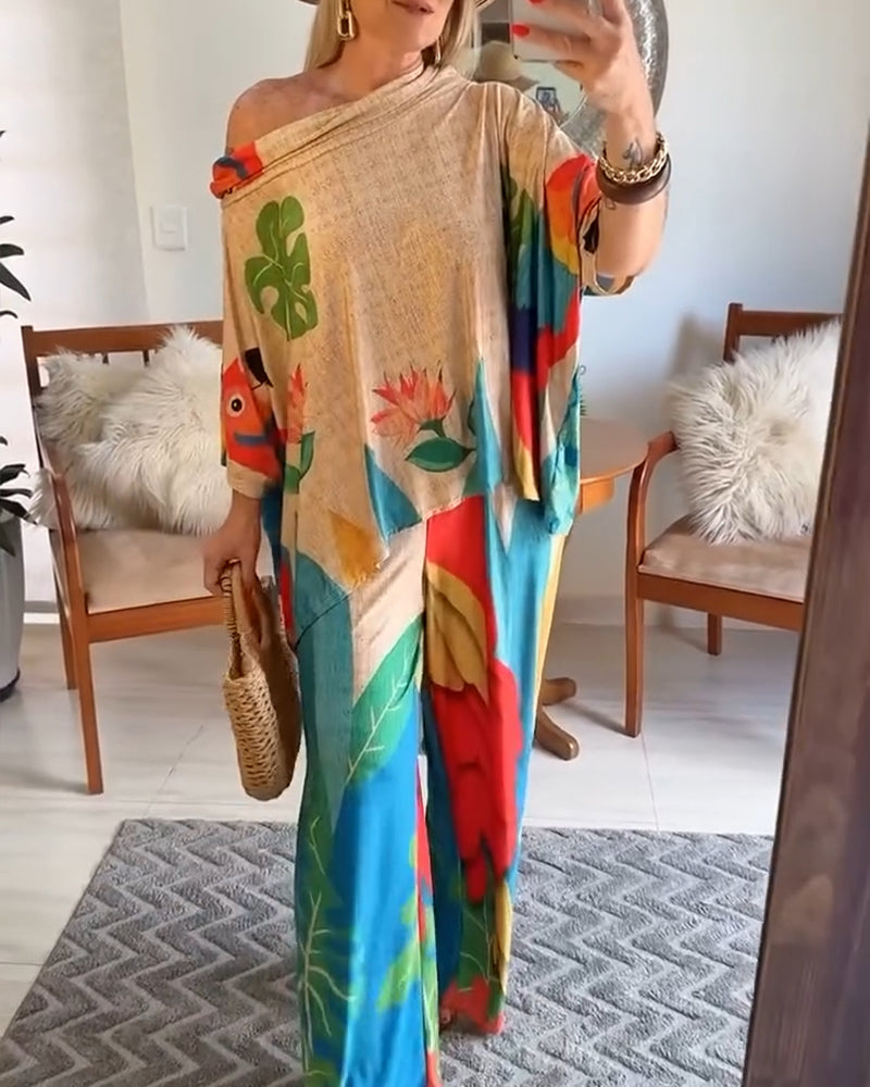 2 Pieces Outfit Tribal Print Cold Shoulder Batwing Sleeve Top and Casual Wide Leg Pants Set