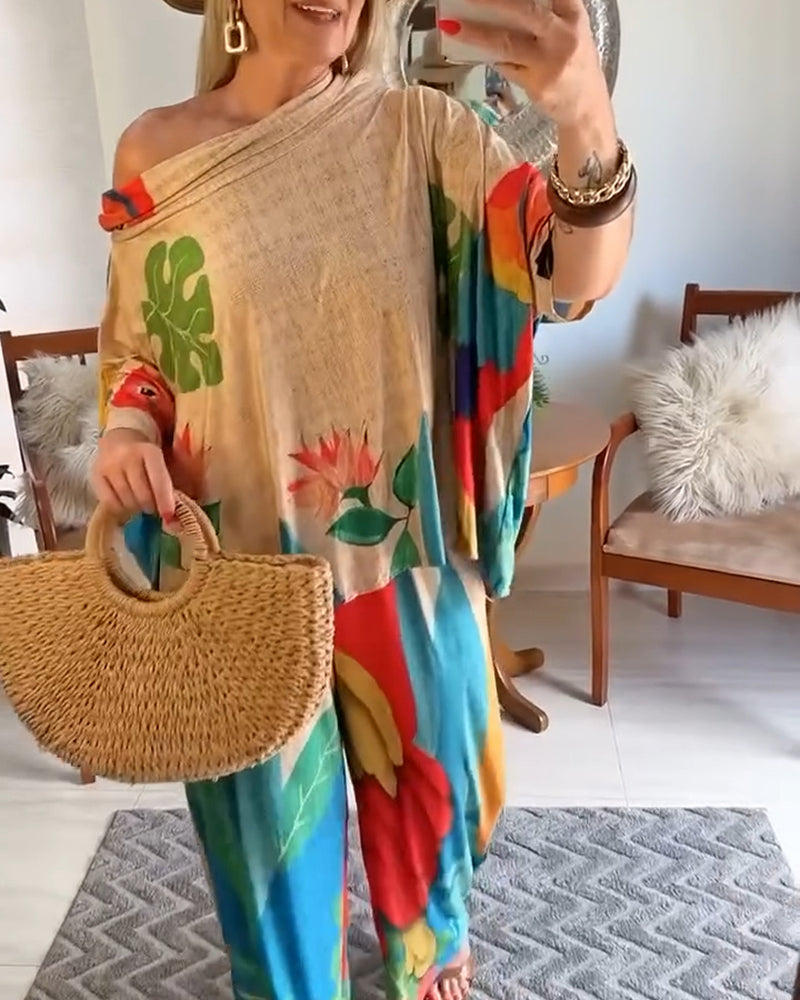 2 Pieces Outfit Tribal Print Cold Shoulder Batwing Sleeve Top and Casual Wide Leg Pants Set