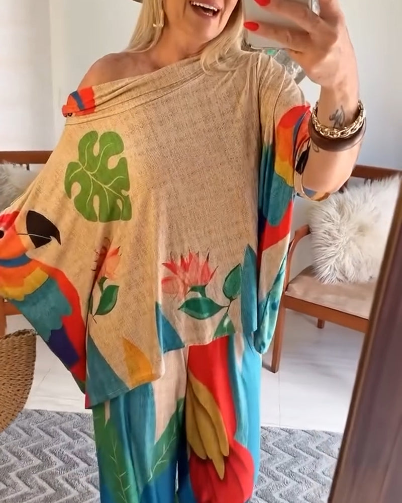 2 Pieces Outfit Tribal Print Cold Shoulder Batwing Sleeve Top and Casual Wide Leg Pants Set