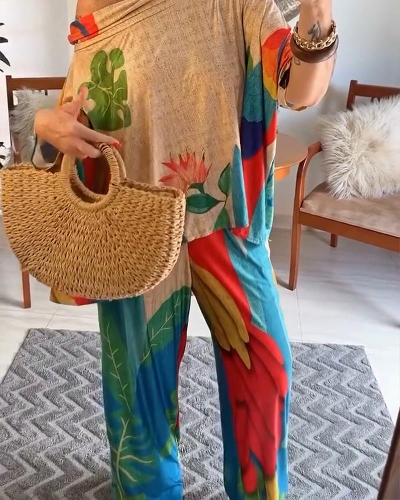2 Pieces Outfit Tribal Print Cold Shoulder Batwing Sleeve Top and Casual Wide Leg Pants Set