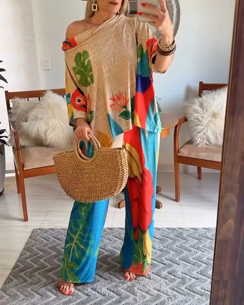 2 Pieces Outfit Tribal Print Cold Shoulder Batwing Sleeve Top and Casual Wide Leg Pants Set