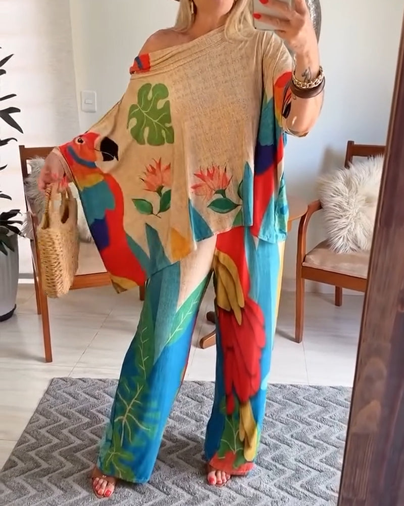 2 Pieces Outfit Tribal Print Cold Shoulder Batwing Sleeve Top and Casual Wide Leg Pants Set