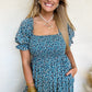 Blue Vintage Boho Floral Smocked Short Puff Sleeve Wide Leg Jumpsuit
