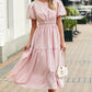 Pink Puff Sleeve Pleated High Waist Flowy Long Dress
