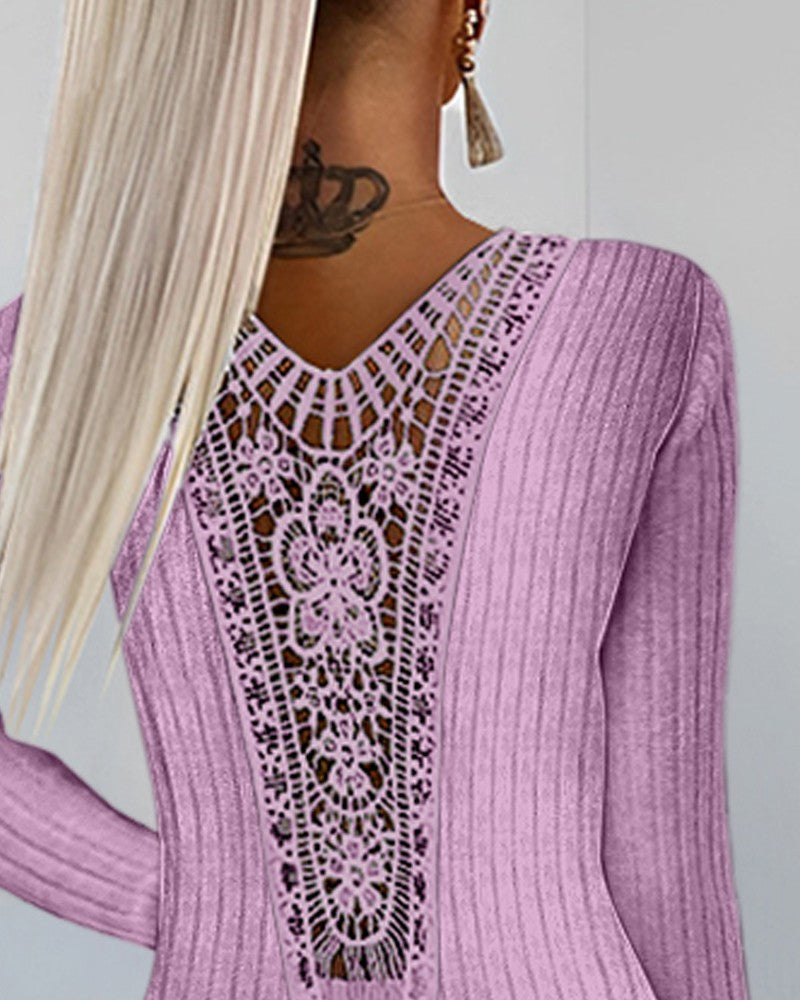 Floral Pattern Contrast Lace Ribbed Long Sleeve Top