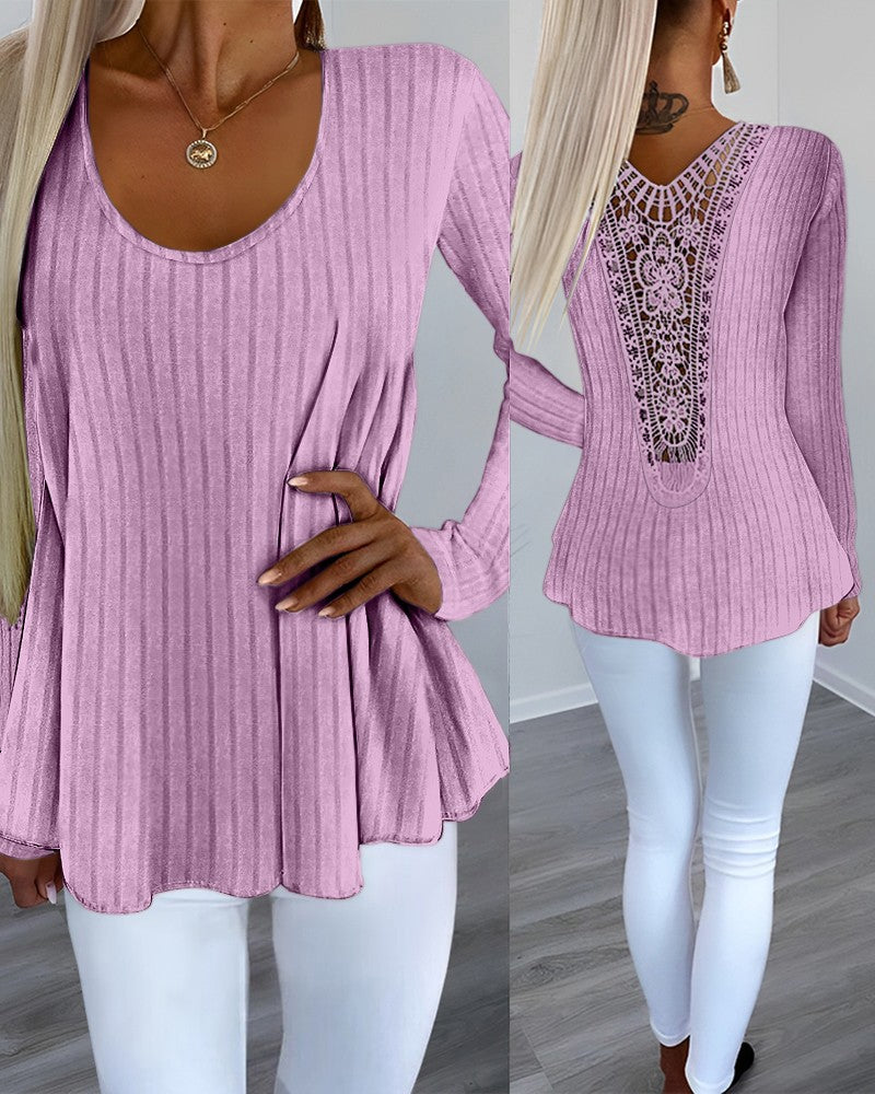 Floral Pattern Contrast Lace Ribbed Long Sleeve Top